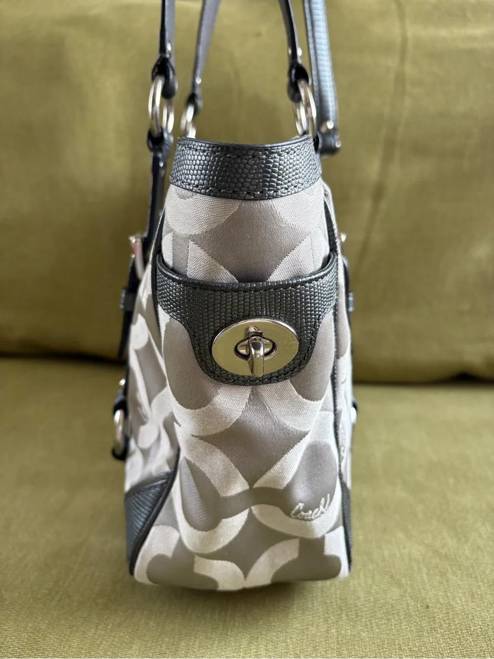 Coach Beige & Black Signature Circle Tote